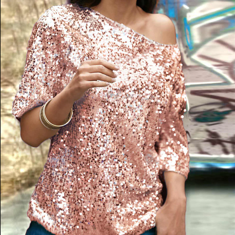 Top à Paillettes à Épaules Dénudées et Manches Mi-longues pour Femme | Idéal pour les Soirées et Occasions Festives – Image 4