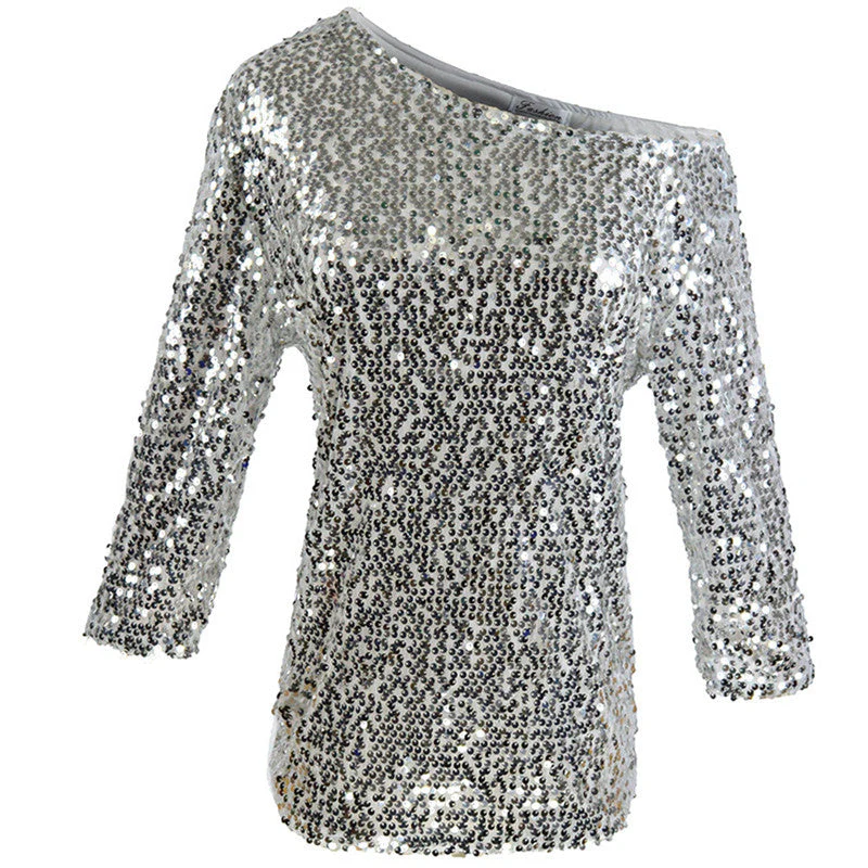 Top à Paillettes à Épaules Dénudées et Manches Mi-longues pour Femme | Idéal pour les Soirées et Occasions Festives – Image 5