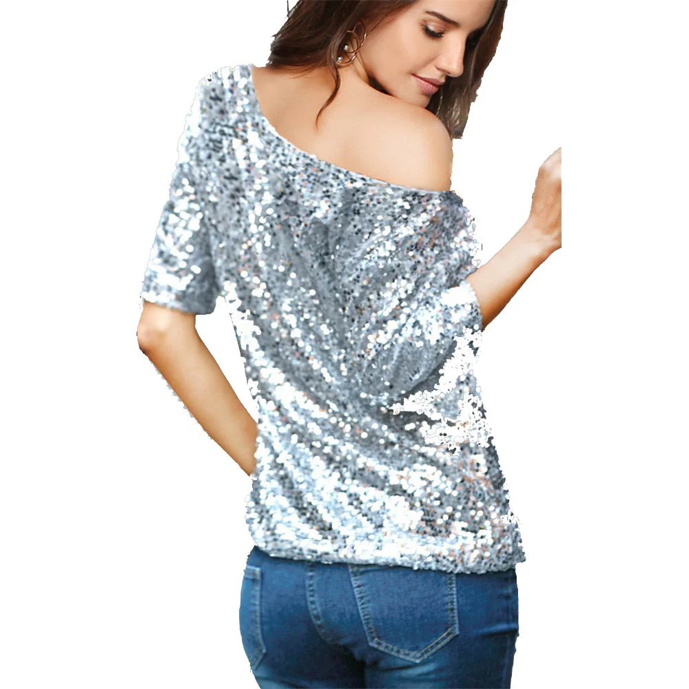 Top à Paillettes à Épaules Dénudées et Manches Mi-longues pour Femme | Idéal pour les Soirées et Occasions Festives – Image 3
