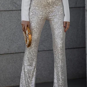 Pantalon Taille Haute Évasé à Finition Brillante pour Femme | Idéal pour les Événements et les Soirées