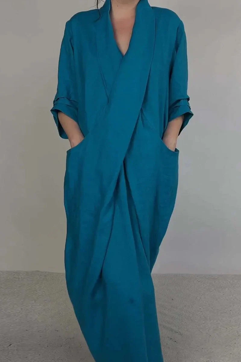 Robe Longue unie avec col en V et Poches pour Femme | Idéale pour un Usage Quotidien – Image 2