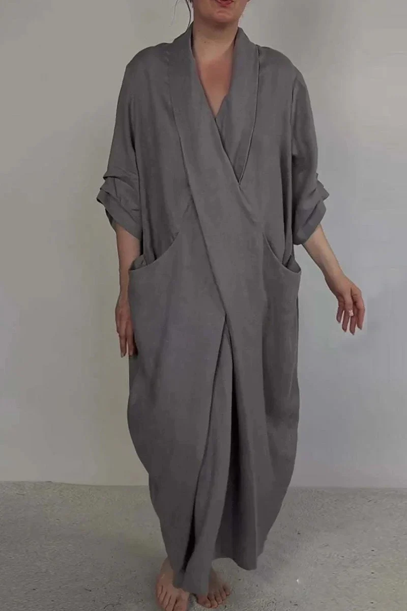 Robe Longue unie avec col en V et Poches pour Femme | Idéale pour un Usage Quotidien – Image 4