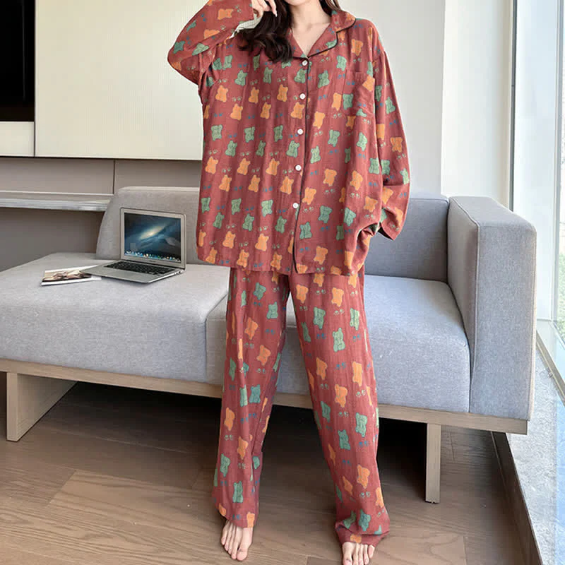 Ensemble Pyjama à Imprimé Ourson avec Col à Revers pour Adulte | Idéal pour la Maison et le Sommeil – Image 3