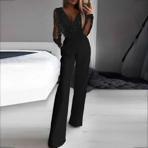 Combinaison À Col En V avec Taille Haute Et Jambes Larges pour Femme | Idéale pour Le Quotidien Et Les Événements