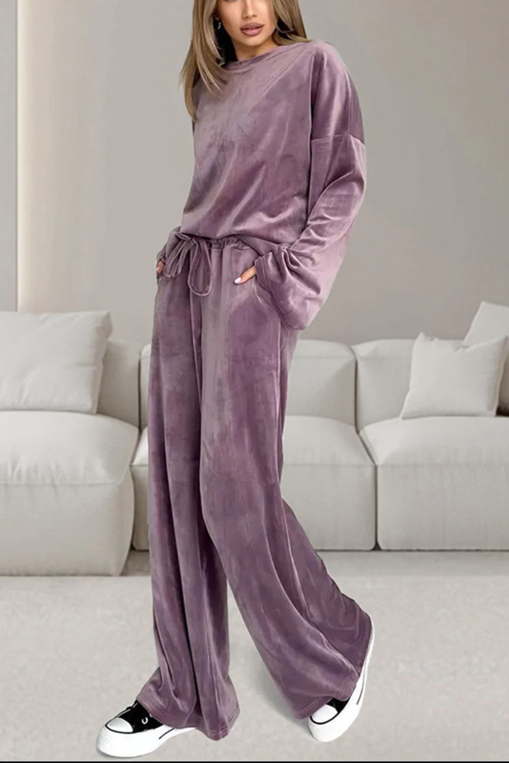 Ensemble Deux Pièces avec Haut à Manches Longues Col Rond et Pantalon à Cordon pour Femme | Idéal pour un Usage Quotidien – Image 5