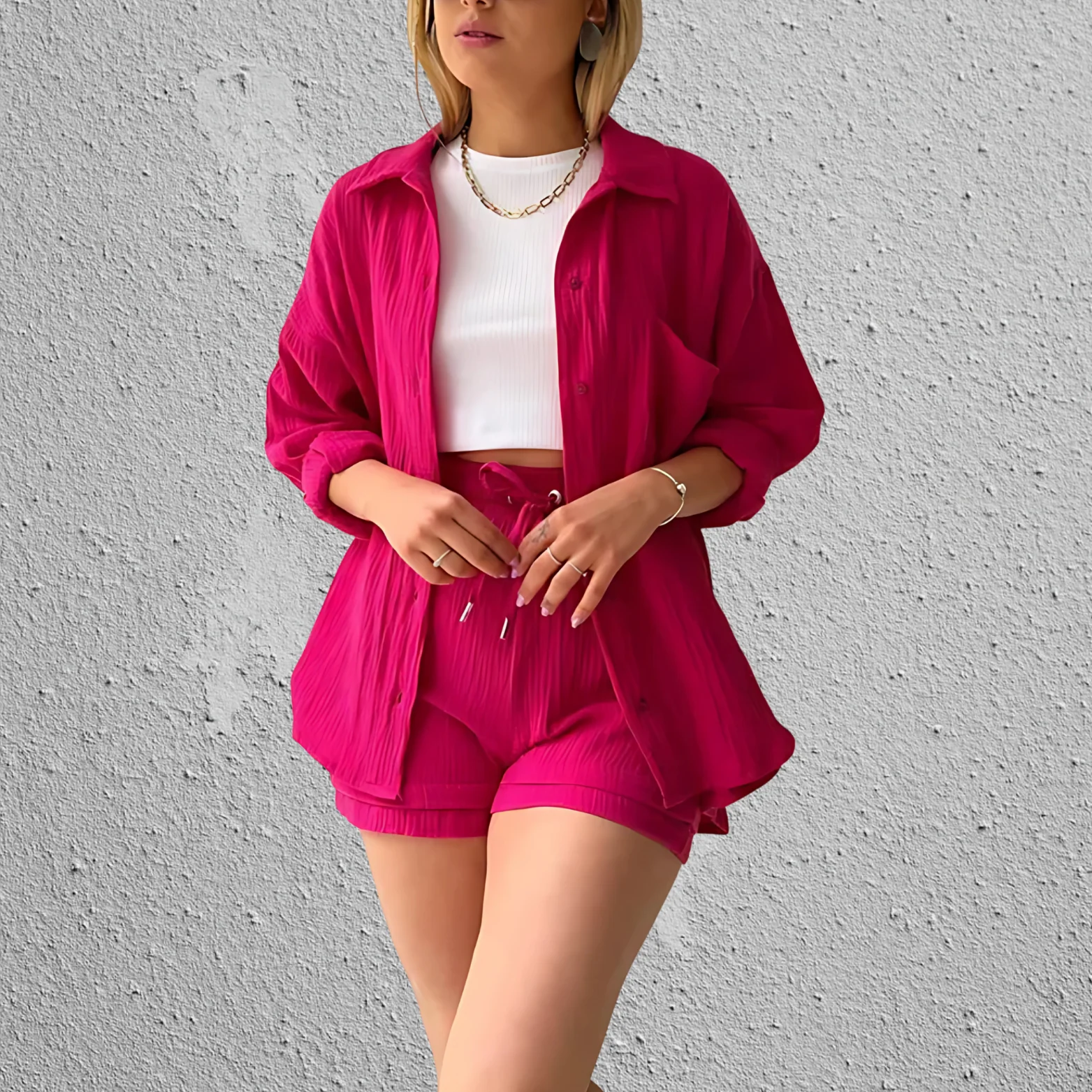 Ensemble Deux Pièces avec Chemise à Manches Longues et Short pour Femme | Idéal pour les Journées Décontractées – Image 6