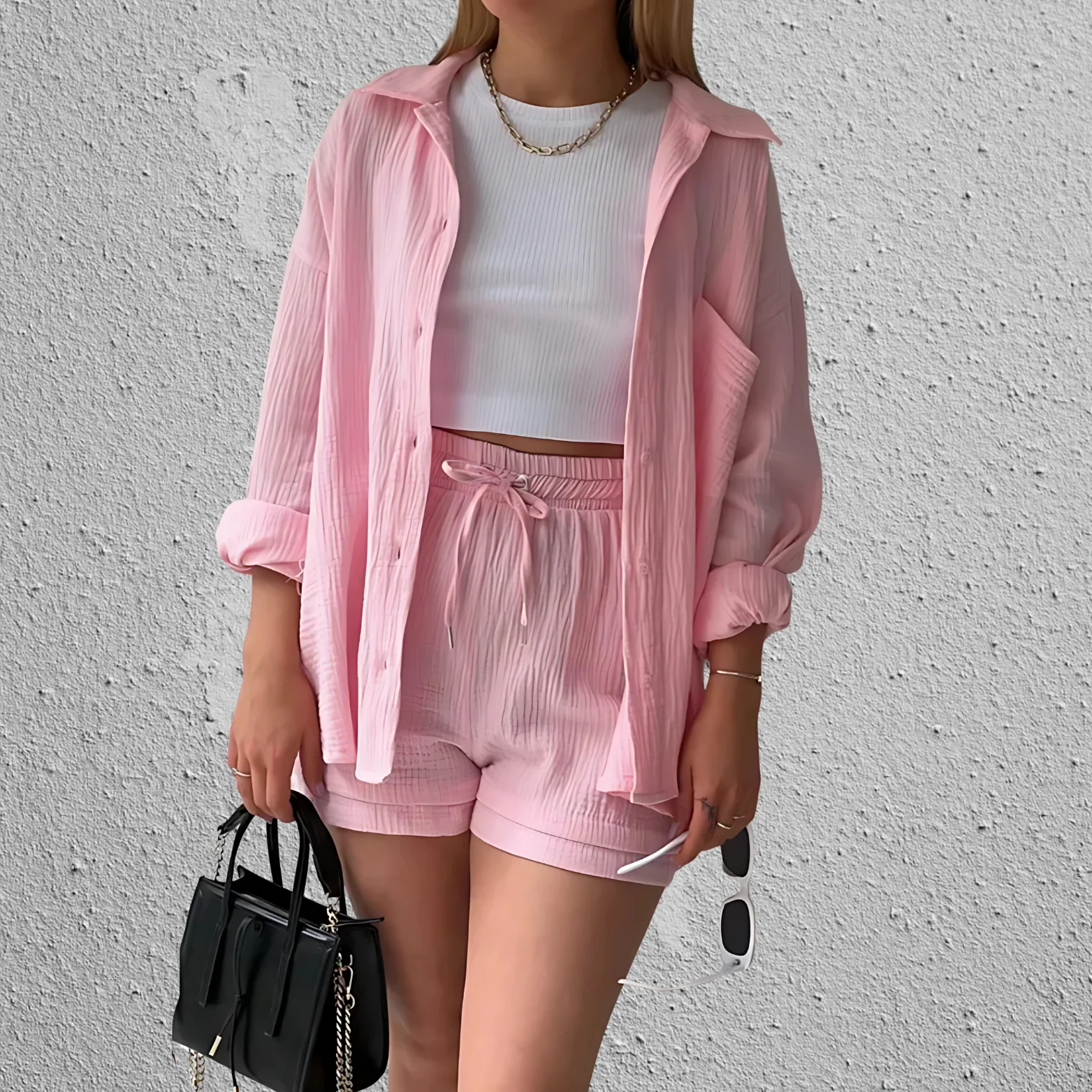 Ensemble Deux Pièces avec Chemise à Manches Longues et Short pour Femme | Idéal pour les Journées Décontractées – Image 4
