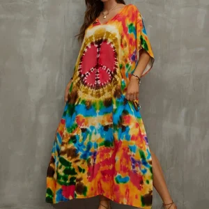 Caftan Long Coloré avec Motif Peace pour Femme | Idéal pour l’Été