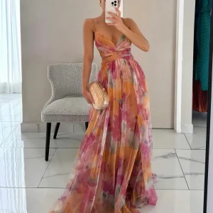 Robe Longue Femme | Motif Floral Élégant | Bretelles Fines | Tissu Fluide