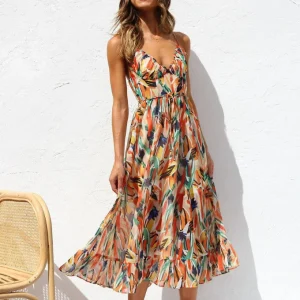 Robe Mi-Longue à Col V avec Coupe Évasée pour Femme | Idéale pour Été