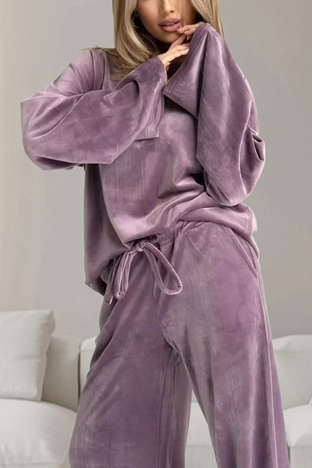 Ensemble Deux Pièces avec Haut à Manches Longues Col Rond et Pantalon à Cordon pour Femme | Idéal pour un Usage Quotidien – Image 3
