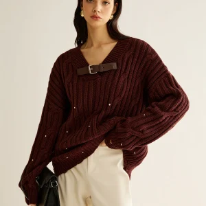 Pull Oversize À Maille Côtelée avec Col En V pour Femmes | Idéal pour L’Automne Et L’Hiver