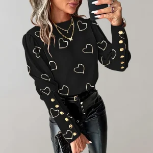 Blouse à Manches Longues avec Motif Cœur pour Femme | Idéal pour un Usage Quotidien