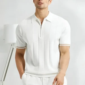 Polo à Manches Courtes avec Fermeture Zippée et Détails Rayés pour Homme | Idéal pour le Quotidien