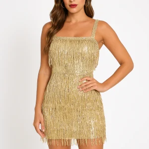 Robe Mini à Paillettes avec Franges et Encolure Carrée pour Femme | Idéale pour les Soirées Festives