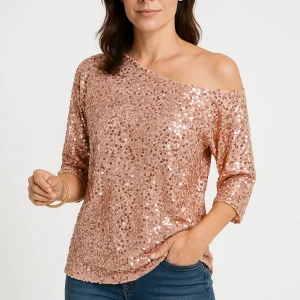 Top à Paillettes à Épaules Dénudées et Manches Mi-longues pour Femme | Idéal pour les Soirées et Occasions Festives