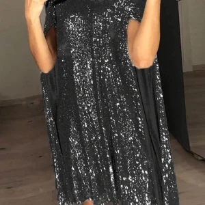 Robe Midi à Manches Fendues avec Détails à Sequins pour Femme | Idéale pour les Réceptions et Cocktails