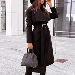 Manteau Long Ceinturé avec Col Large pour Femme | Idéal pour l’Hiver