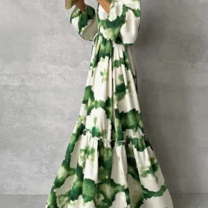 Robe Longue Verte avec Manches Longues et Col en V pour Femme | Idéale pour les Événements du Soir