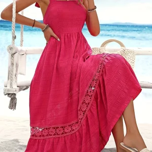 Robe Longue Rouge avec Détails en Dentelle et Nœuds pour Femmes | Idéale pour les Occasions Spéciales