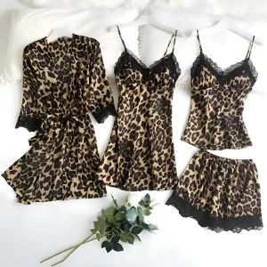 Ensemble De Nuit À Imprimé Léopard avec Kimono Et Chemise De Nuit pour Femmes | Idéal pour Les Soirées Et Les Moments De Détente