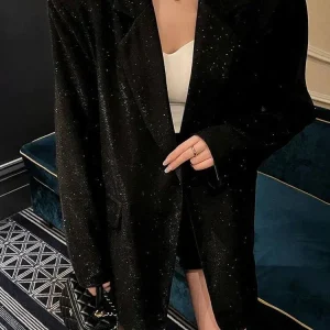 Blazer Long à Coupe Ample avec Finition Scintillante pour Femme | Idéal pour les Événements de Soirée