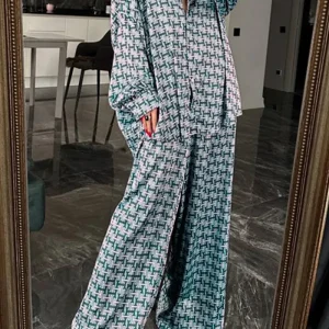 Ensemble Deux Pièces Imprimé Géométrique à Col Rabattu et Taille Élastique pour Adulte | Coupe Ample à Jambe Large