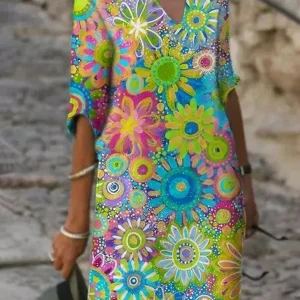 Robe à Fleurs avec Encolure en V pour Femme | Idéale pour les Sorties Printanières